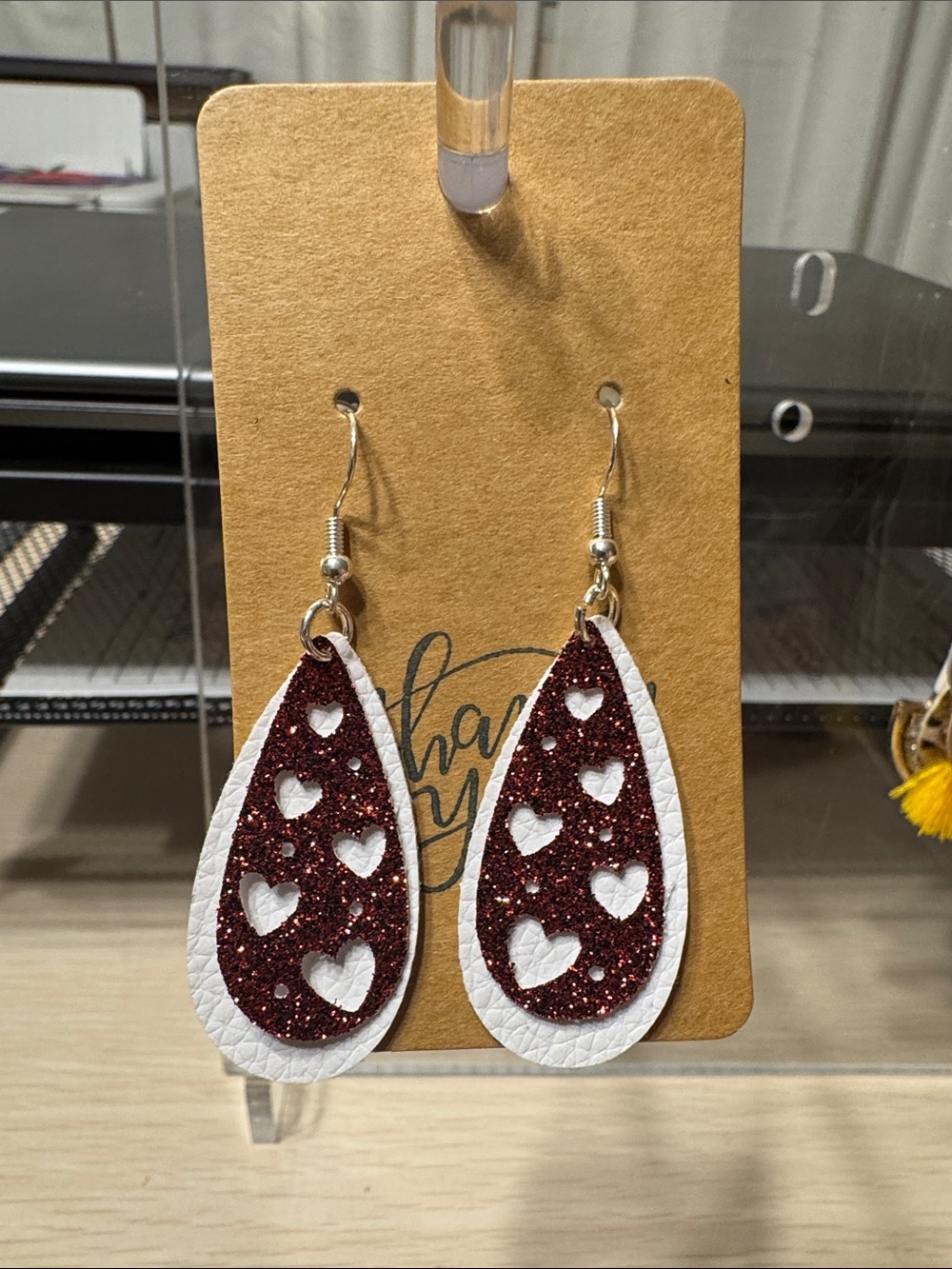 Hand Crafted White and Burgundy Glitter Heart Teardrop Earrings